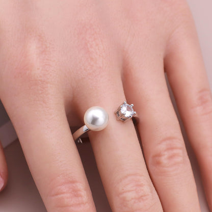 Warm Fortune Pearl & Cubic Zirconia Promise Ring for Her - 18K Gold Plated, Open Design, Elegant Daily & Bridal Jewelry,Adjustable