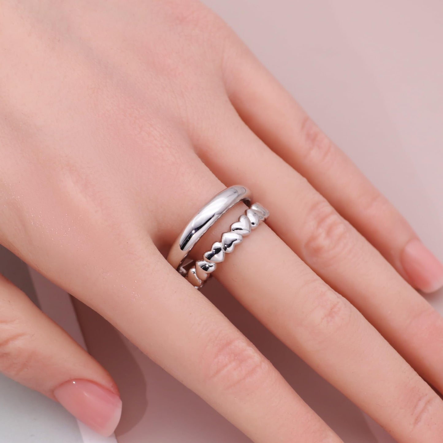Warm Fortune Double Layer Plain & Heart Band Ring Set - 18K Gold Plated Cubic Zirconia Stackable Gift for Women, Daily Fashion Wear & Casual Accessory, Trendy Street Wear,Adjustable