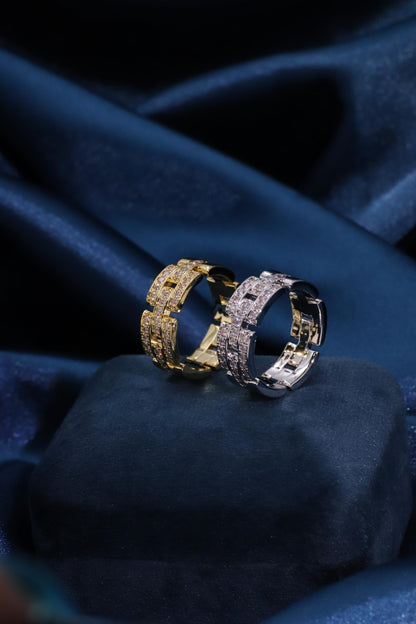 Warm Fortune Gold Plated Cubic Zirconia Band Ring, Hip Hop Street Style For Man or Women Fashion Jewelry