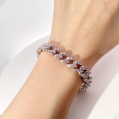 Warm Fortune Cuban Link Bracelet for Women, White Gold Plated, Pink CZ, 9 Inch, Pave Curb Chain Design