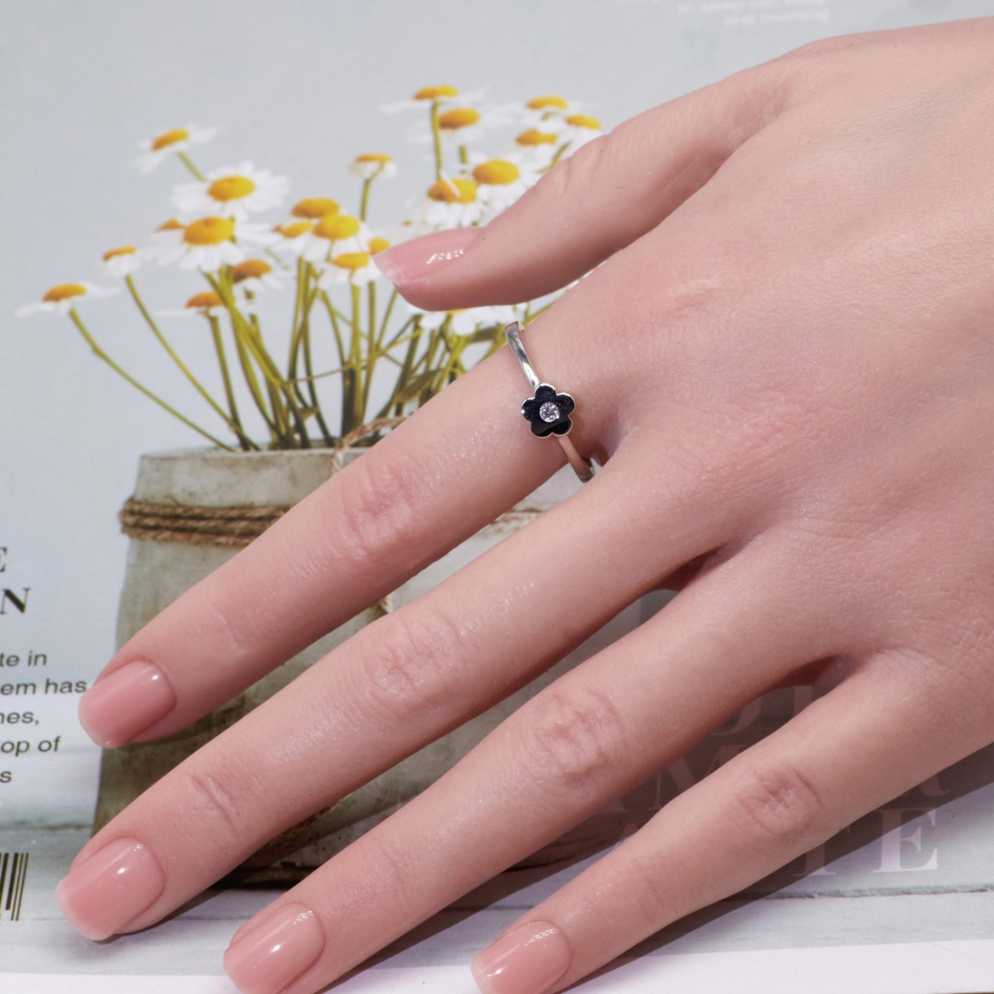 Warm Fortune Flower Open Ring, Adjustable 18K Gold Plated CZ Promise Ring, Cute Stackable Floral Statement Band for Women