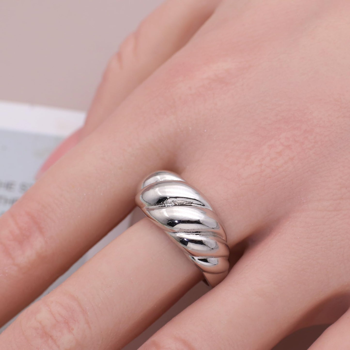 Warm Fortune Croissant Twist Dome Band Ring for Women - 18K Silver Plated Minimalist Stackable Ring, Daily Casual Jewelry Gift, Size 6-9