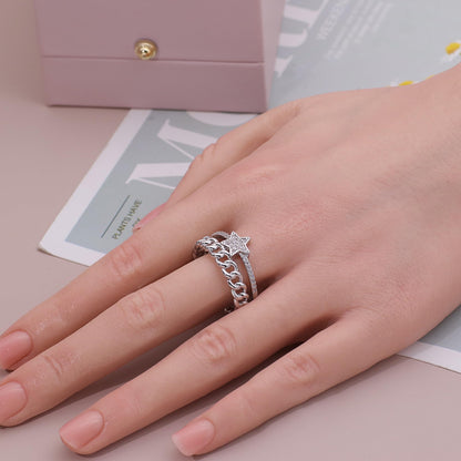 Warm Fortune Three-Layer Star and Cuban Link Promise Ring for Her - 18K Gold Plated Cubic Zirconia, Stackable Gift Valentine's Day, Fashion & Daily Elegant Wear,Adjustable