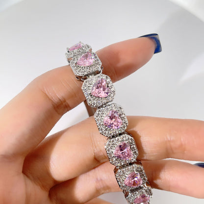 Warm Fortune Cushion Halo Tennis Bracelet for Women, White Gold Plated, Pink CZ, 7 Inch, Halo Link Design