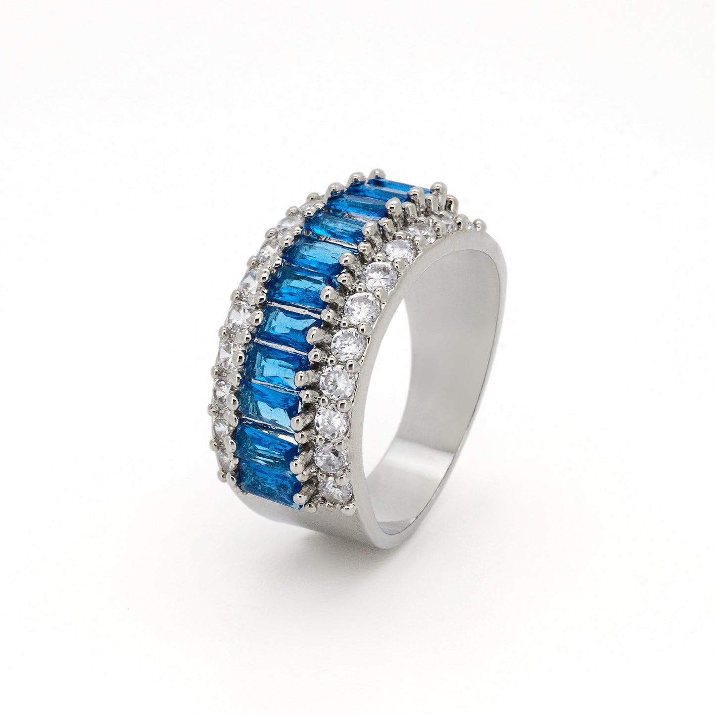 Warm Fortune Baguette Cut Blue CZ Eternity Ring for Women,18K Gold Plated Double Row Round Paved Stackable Promise Band Jewelry, Size 6-8