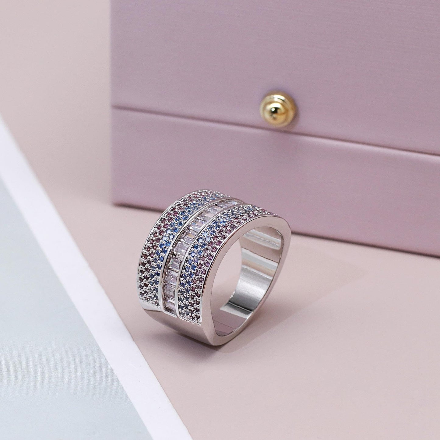 Warm Fortune Baguette & Pavé Wide Band Promise Ring for Her - 18K Gold Plated Cubic Zirconia, Stackable Gift Valentine's Day, Fashion & Daily Elegant Wear，Size 8-9