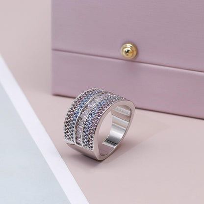 Warm Fortune Baguette & Pavé Wide Band Promise Ring for Her - 18K Gold Plated Cubic Zirconia, Stackable Gift Valentine's Day, Fashion & Daily Elegant Wear，Size 8-9
