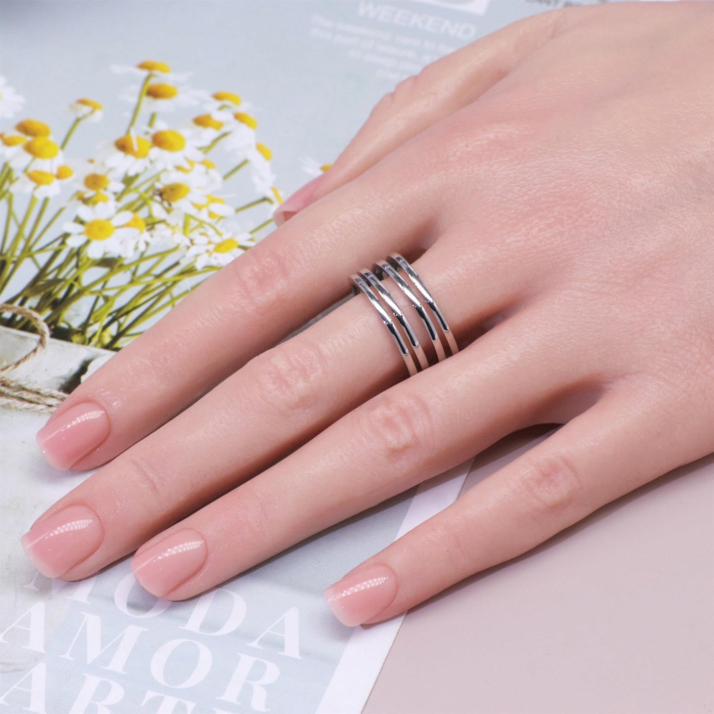 Warm Fortune Four-Layer Wrap Open Band Ring for Women - 18K Silver Plated Minimalist Stackable Ring, Daily Casual Jewelry Gift, Adjustable