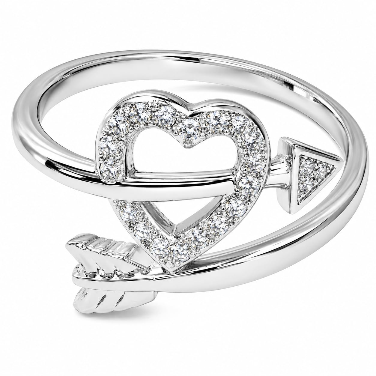 Warm Fortune 18K Gold Plated Cupid Arrow Heart Pave Cubic Zirconia Open Promise Ring for Women, Dainty Adjustable Stackable Romantic Valentine Jewelry Gift
