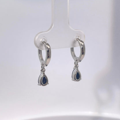 Warm Fortune Navy Blue Teardrop Gemstone Dangle Hoop Earrings, Silver Tone Fashion Jewelry for Women, Chic Daily & Evening Wear