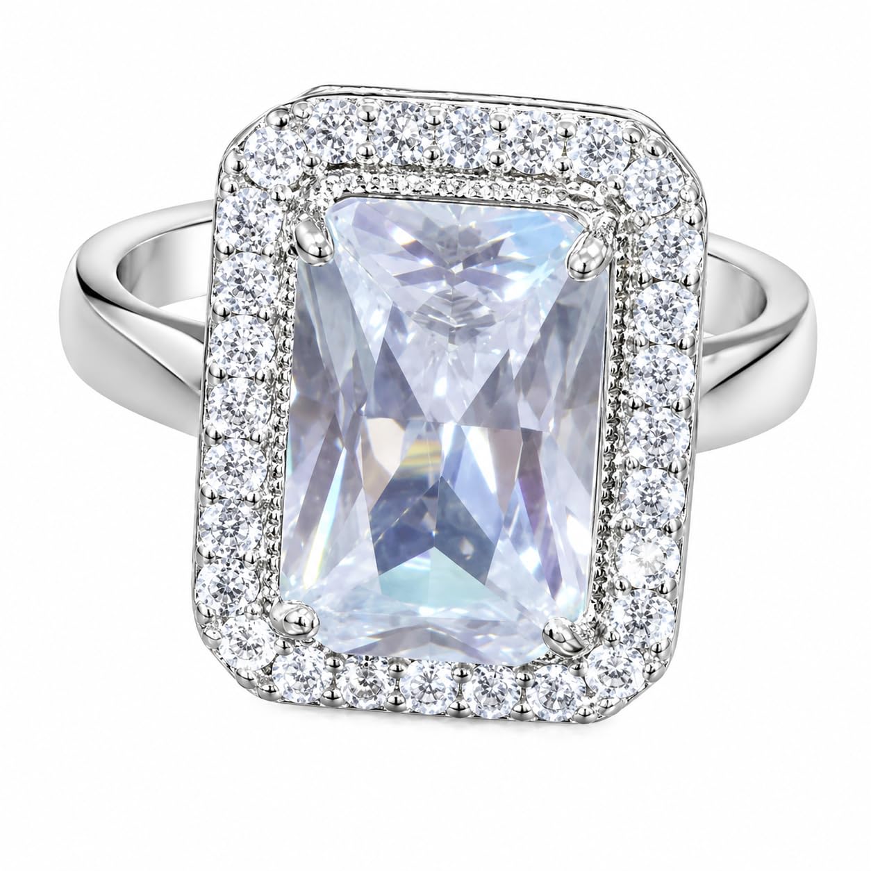 Warm Fortune Radiant Cut Double Halo Ring for Women, 18K White Gold Plated Large Cubic Zirconia Engagement Ring, Luxury Sparkling Statement Wedding Jewelry