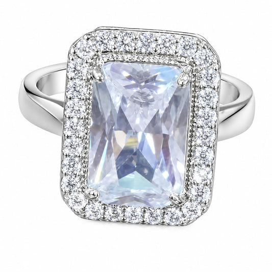 Warm Fortune Radiant Cut Double Halo Ring for Women, 18K White Gold Plated Large Cubic Zirconia Engagement Ring, Luxury Sparkling Statement Wedding Jewelry