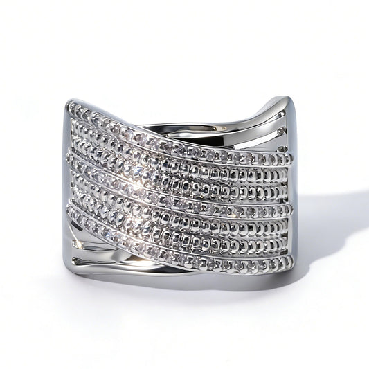 Warm Fortune Multi-Row CZ Wide Band Ring, 18K Gold Plated Statement Ring, Stackable Cocktail Ring for Women,Size 8