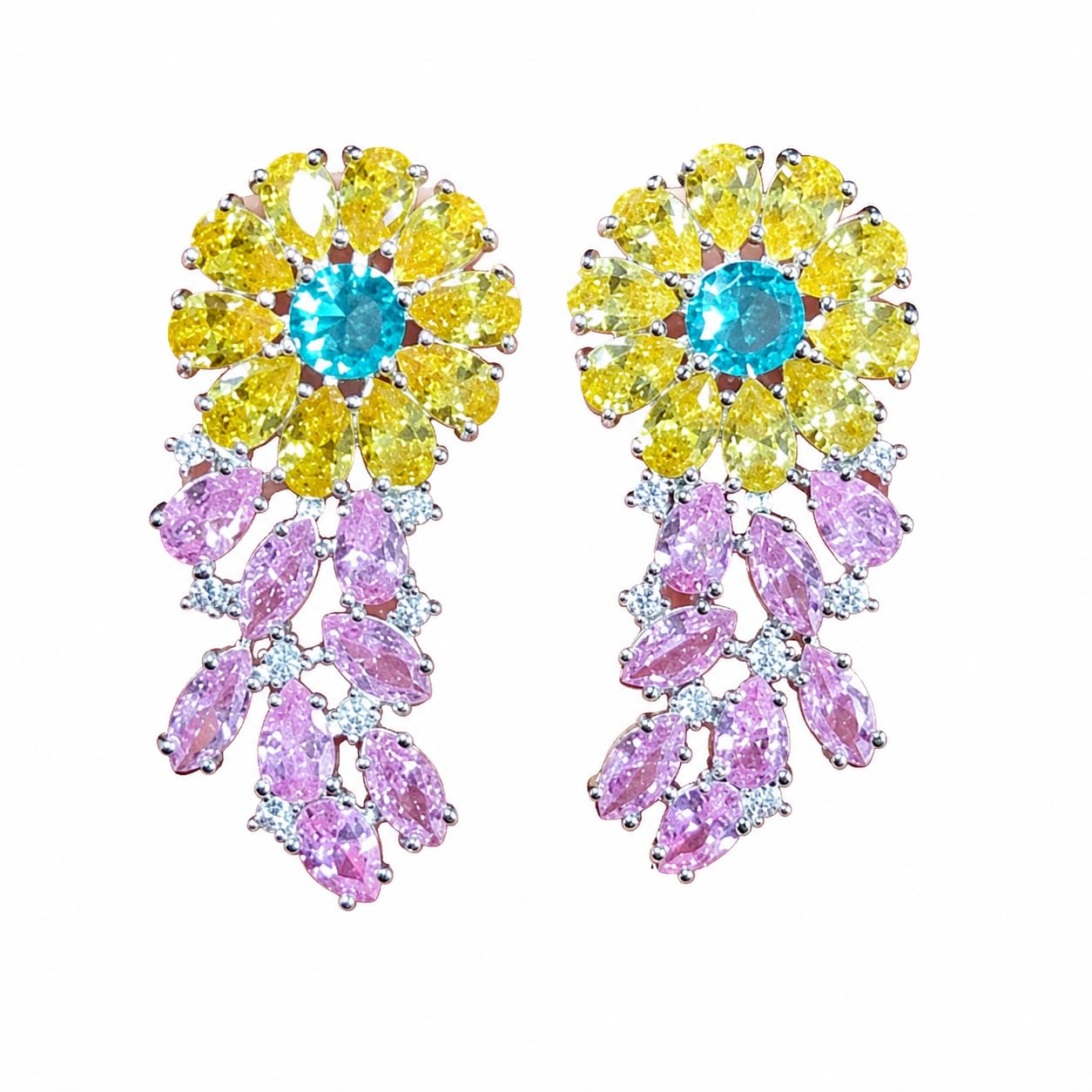 Warm Fortune 18K White Gold Plated Multicolor CZ Floral Dangle Earrings