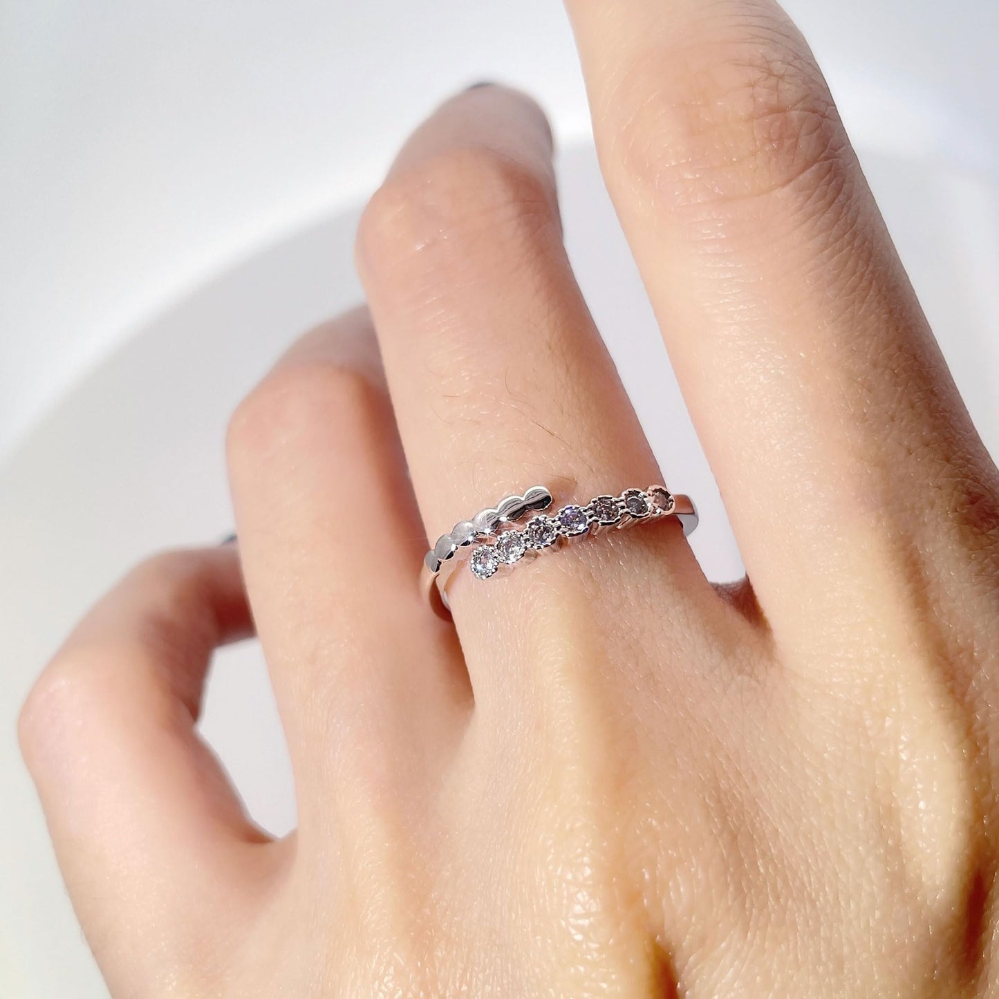 Warm Fortune Asymmetrical Beaded & Pave Promise Ring for Her - 18K Gold Plated Cubic Zirconia, Stackable Gift Valentine's Day, Fashion & Daily Elegant Wear, Adjustable
