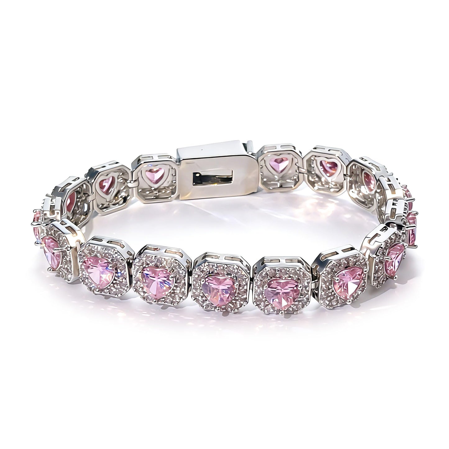 Warm Fortune Cushion Halo Tennis Bracelet for Women, White Gold Plated, Pink CZ, 7 Inch, Halo Link Design