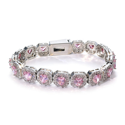 Warm Fortune Cushion Halo Tennis Bracelet for Women, White Gold Plated, Pink CZ, 7 Inch, Halo Link Design
