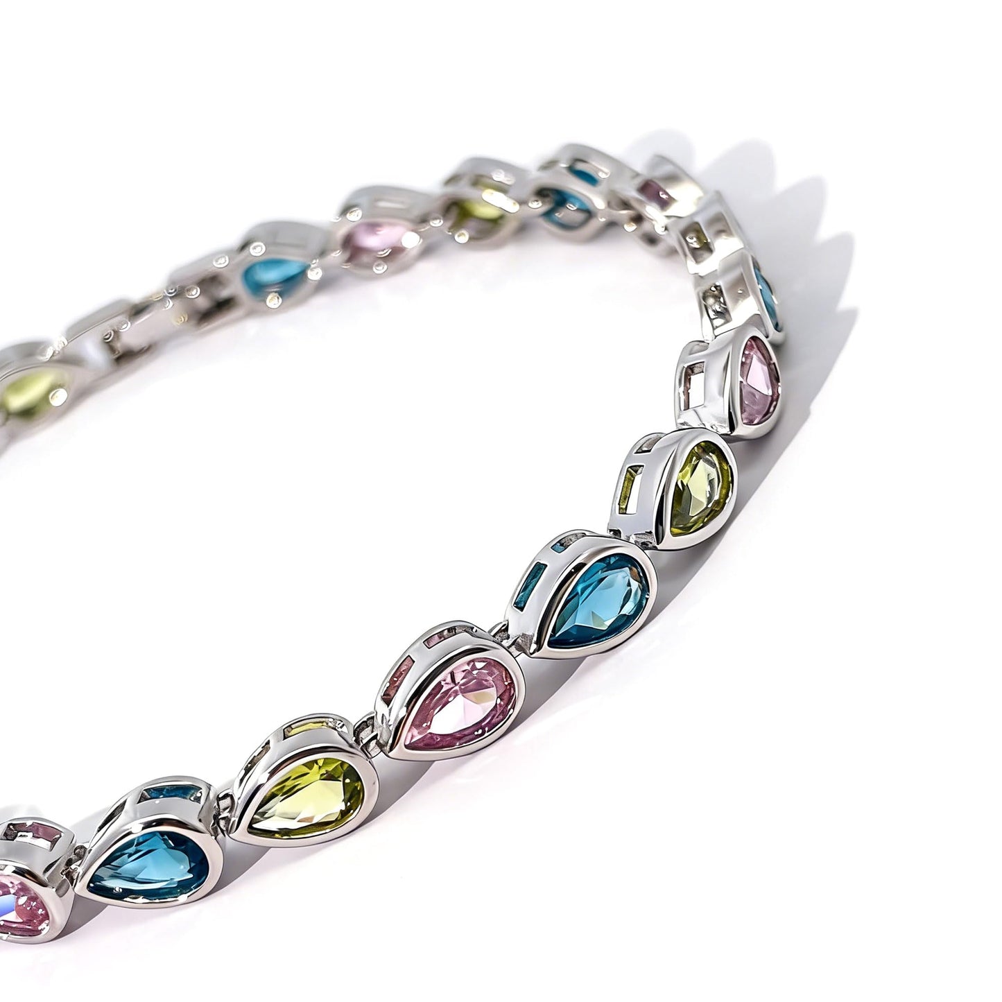 Warm Fortune Pear Stone Tennis Bracelet for Women, White Gold Plated, Multicolor CZ, Alternating Stone Design
