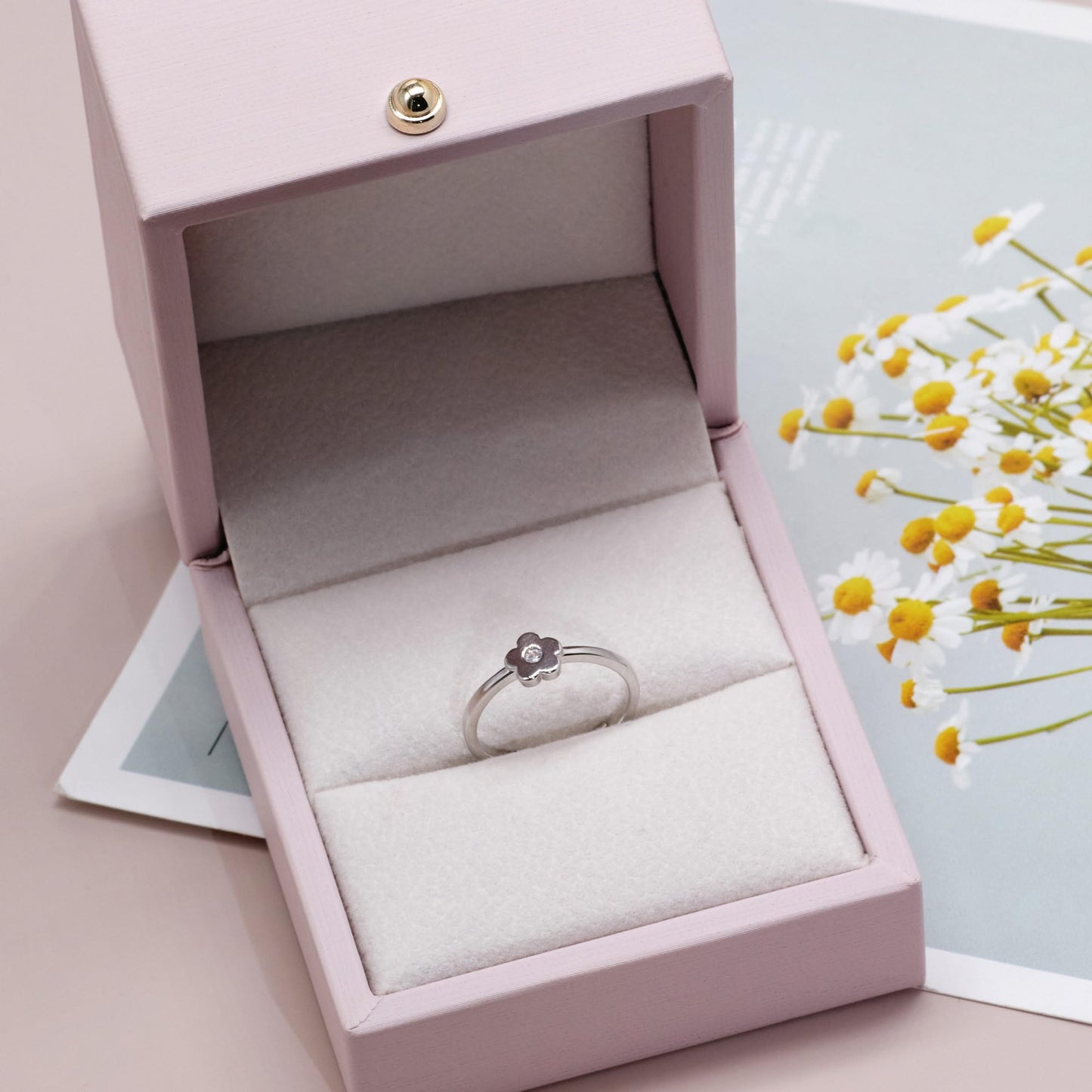 Warm Fortune Flower Open Ring, Adjustable 18K Gold Plated CZ Promise Ring, Cute Stackable Floral Statement Band for Women