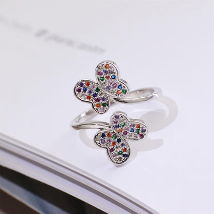 Warm Fortune Double Butterfly Multicolor Zircon Promise Ring for Her - 18K Gold Plated Cubic Zirconia, Stackable Gift Valentine's Day, Fashion & Daily Elegant Wear,Adjustable