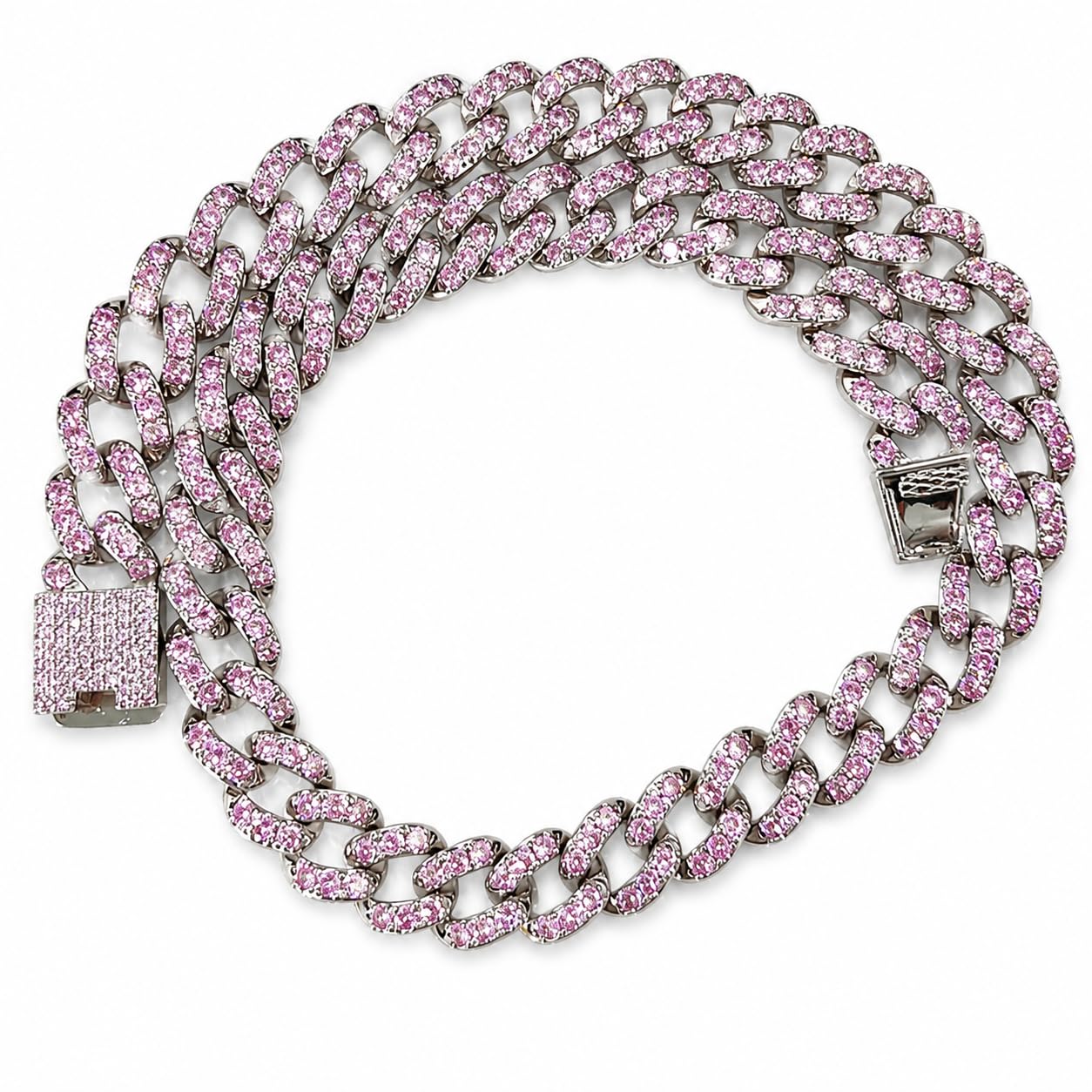 Warm Fortune Double Row Pave Cuban Link Chain Necklace for Women, White or 18K Yellow Gold Plated, Clear and Pink CZ, 22 and 24 Inch Chain, Pave Link Design