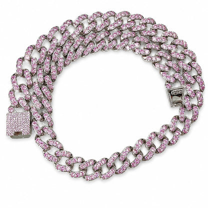 Warm Fortune Double Row Pave Cuban Link Chain Necklace for Women, White or 18K Yellow Gold Plated, Clear and Pink CZ, 22 and 24 Inch Chain, Pave Link Design