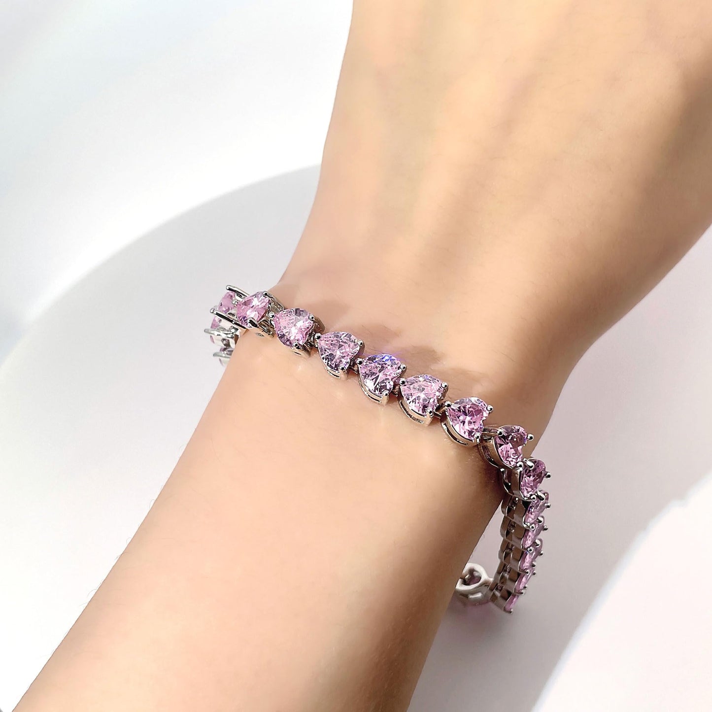 Warm Fortune Pink Heart Stone Tennis Bracelet for Women, Silver-Tone 7 Inch Link Chain, Romantic Sparkling Jewelry