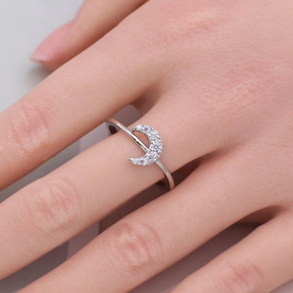 Warm Fortune Moon Shaped Promise Ring for Her - 18K Gold Plated Cubic Zirconia, Stackable Gift Valentine's Day, Fashion & Daily Elegant Wear,Adjustable