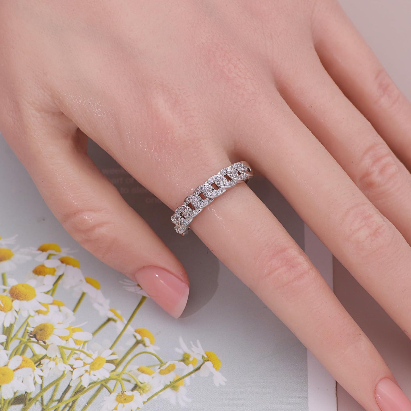 Warm Fortune Cuban Link Pave Promise Ring for Her - 18K Gold Plated Cubic Zirconia, Stackable Hip-Hop Style Jewelry, Size 6-8
