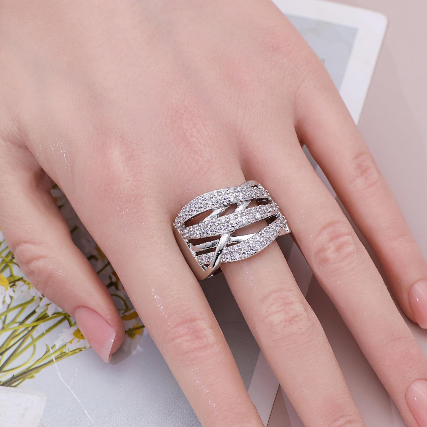 Warm Fortune Multi-Layer Pavé Promise Ring for Her - 18K Gold Plated Cubic Zirconia, Stackable Gift Valentine's Day, Fashion & Daily Elegant Wear,Size 9-10.5