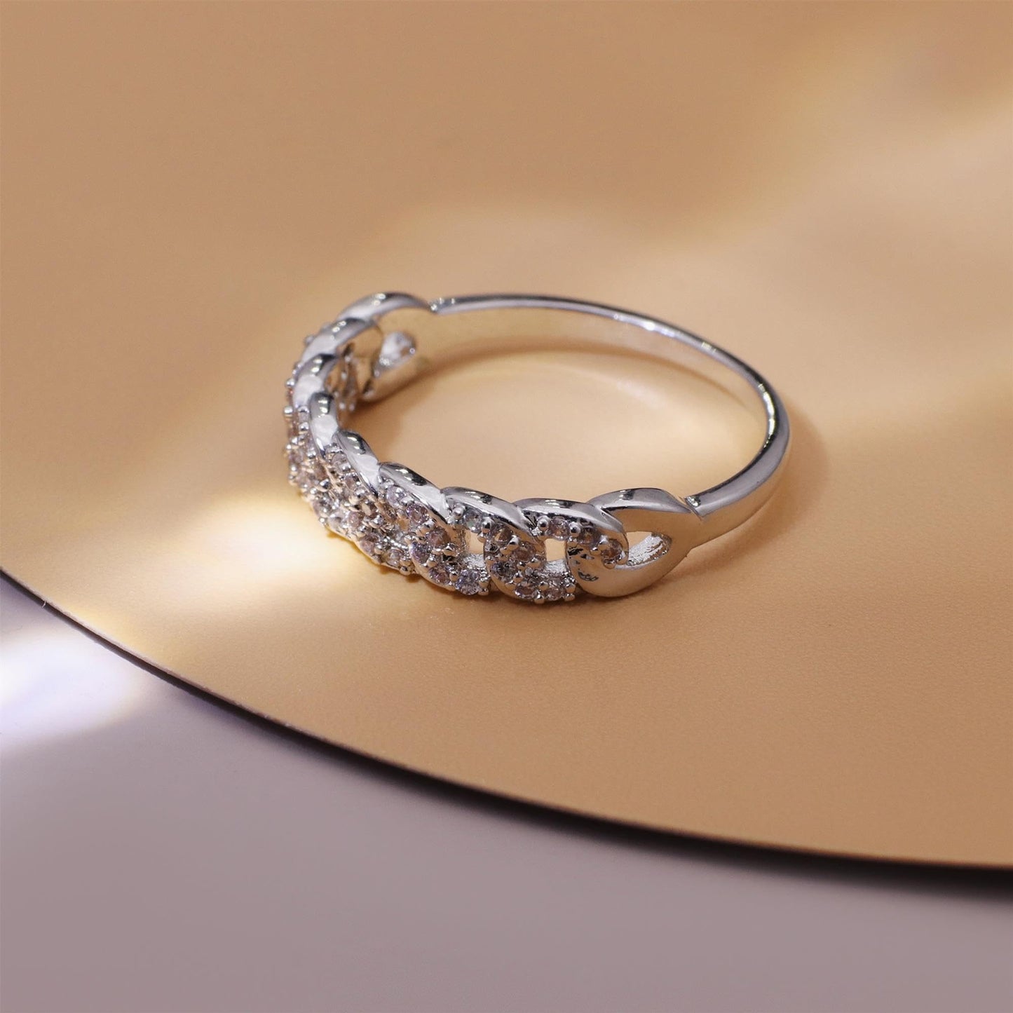 Warm Fortune Cuban Link Pave Promise Ring for Her - 18K Gold Plated Cubic Zirconia, Stackable Hip-Hop Style Jewelry, Size 6-8