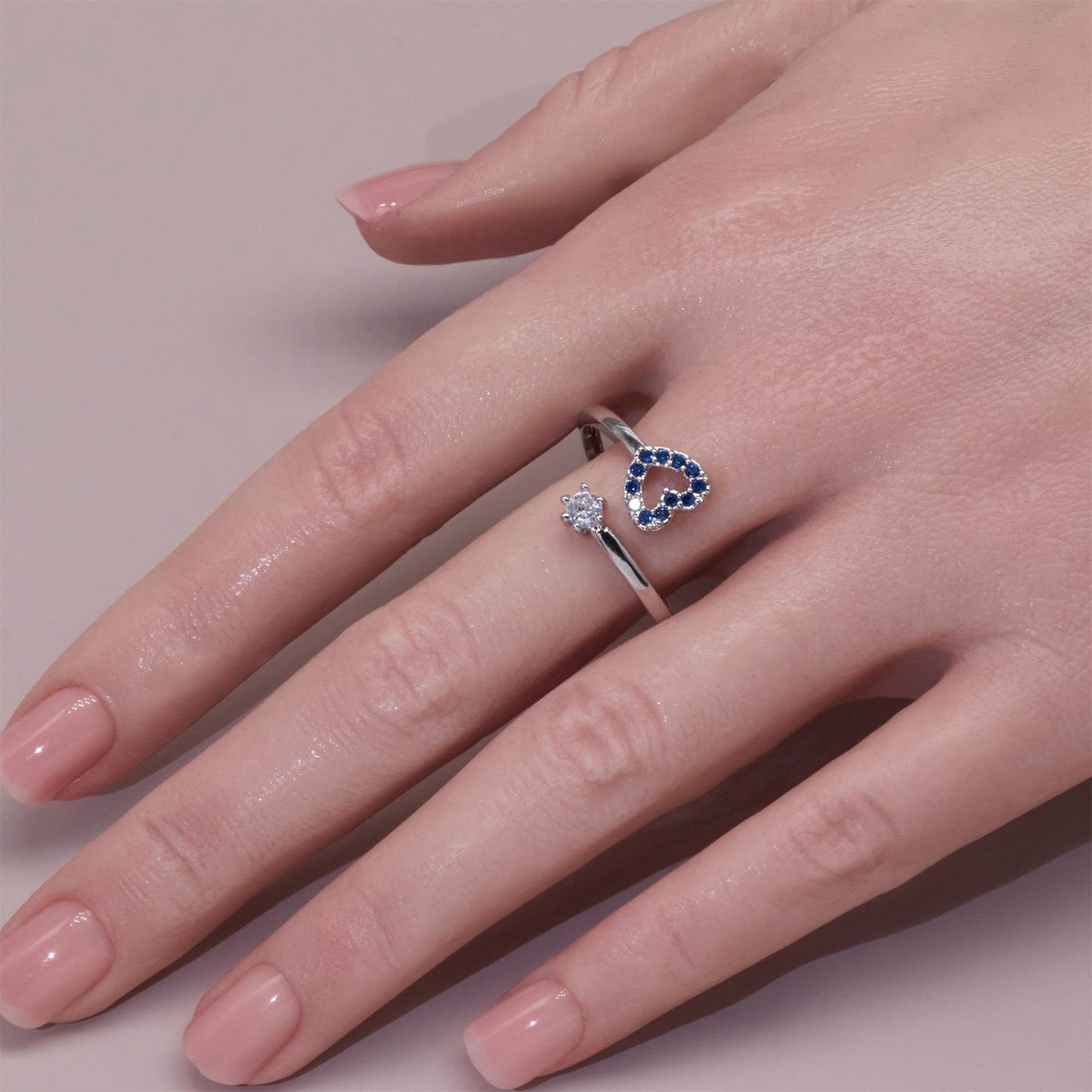 Warm Fortune Open Heart Blue CZ Split Shank Ring for Women,18K Gold Plated Single Round Clear CZ Stackable Promise Jewelry Gift