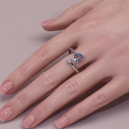 Warm Fortune Open Heart Blue CZ Split Shank Ring for Women,18K Gold Plated Single Round Clear CZ Stackable Promise Jewelry Gift