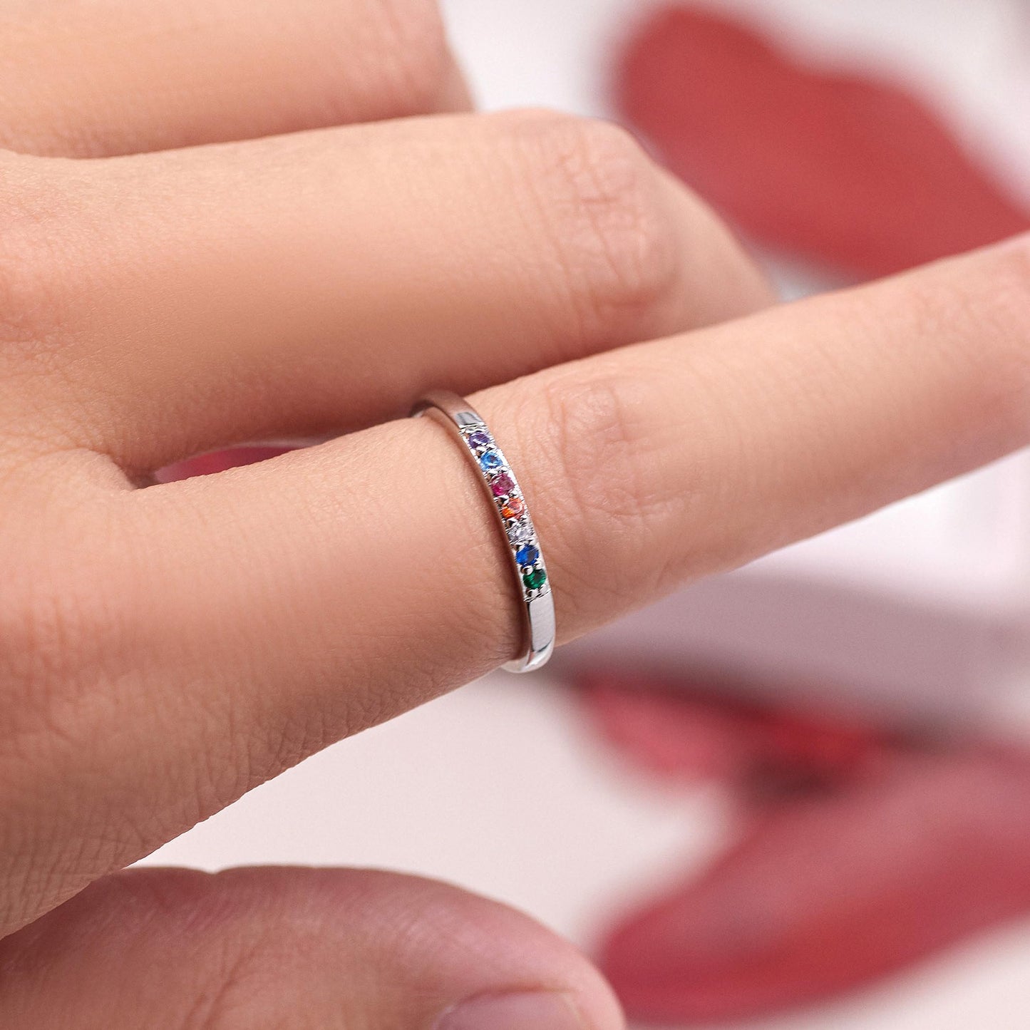 Warm Fortune 18K Gold Plated Rainbow CZ Stackable Ring, Dainty Half Eternity Band with Multicolor Stones for Women