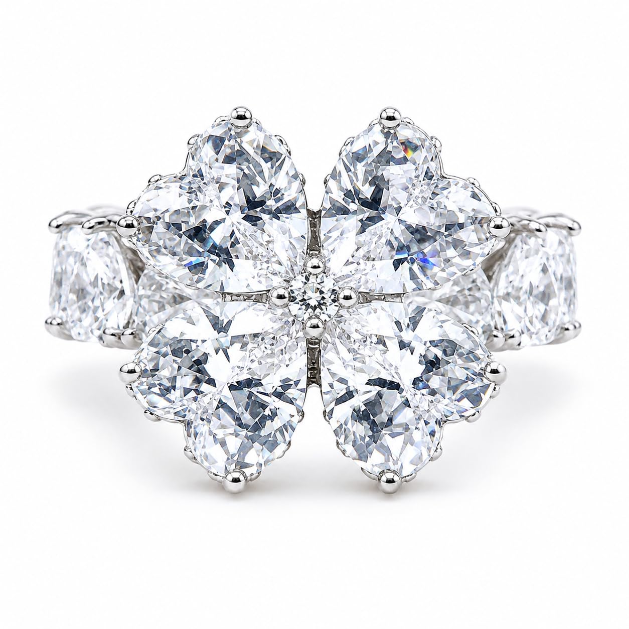 Warm Fortune Floral Clover Fashion Ring for Women, 18K White Gold Plated Heart Shape Multi-Stone Formal Party Accessory, Size 6-9