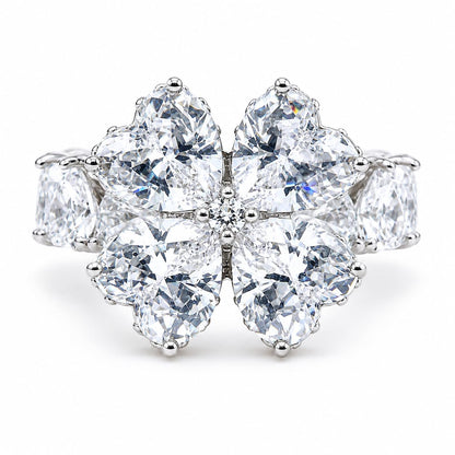 Warm Fortune Floral Clover Fashion Ring for Women, 18K White Gold Plated Heart Shape Multi-Stone Formal Party Accessory, Size 6-9