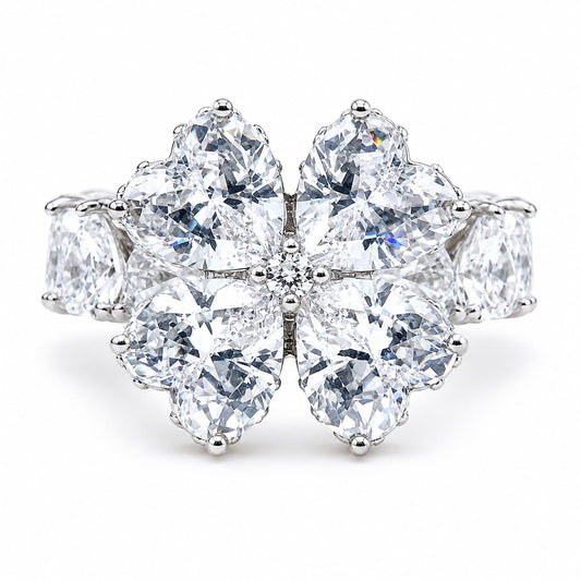 Warm Fortune Floral Clover Fashion Ring for Women, 18K White Gold Plated Heart Shape Multi-Stone Formal Party Accessory, Size 6-9