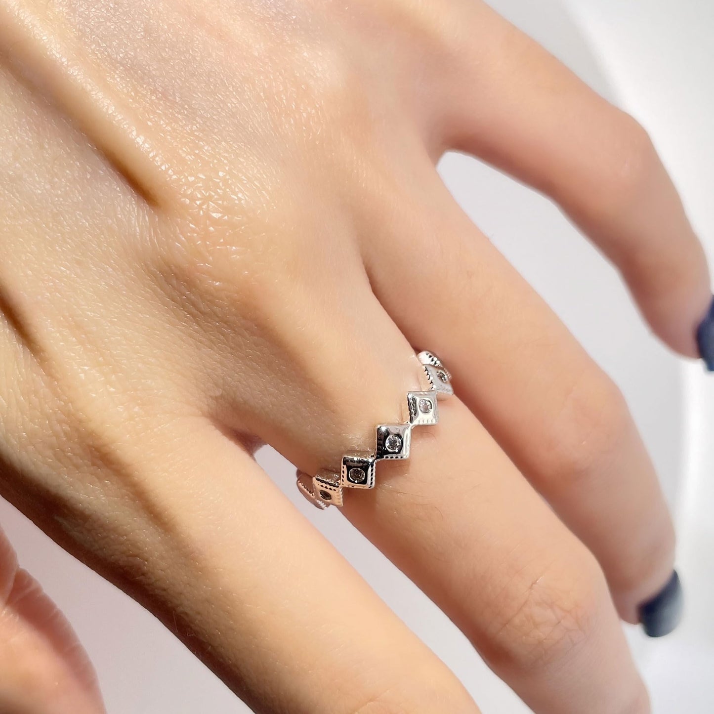 Warm Fortune Geometric Square Wave Ring for Women, 18K Gold Plated Band with Sparkling CZ, Dainty Stackable Statement Jewelry，Size 6-7