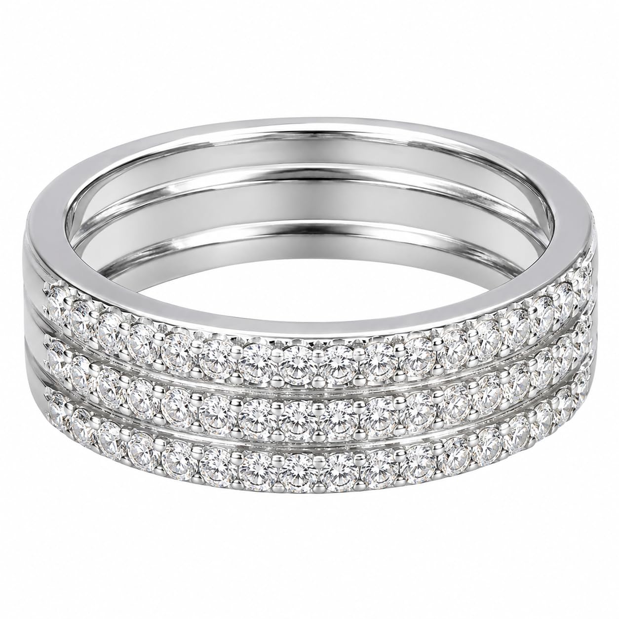 Warm Fortune Three‑Row Paved CZ Band Ring for Women, 18K White Gold Plated Full‑Eternity Cubic Zirconia Statement Band, Dainty Elegant Jewelry, Size 7-9