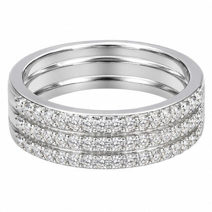 Warm Fortune Three‑Row Paved CZ Band Ring for Women, 18K White Gold Plated Full‑Eternity Cubic Zirconia Statement Band, Dainty Elegant Jewelry, Size 7-9