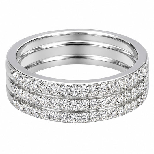 Warm Fortune Three‑Row Paved CZ Band Ring for Women, 18K White Gold Plated Full‑Eternity Cubic Zirconia Statement Band, Dainty Elegant Jewelry, Size 7-9
