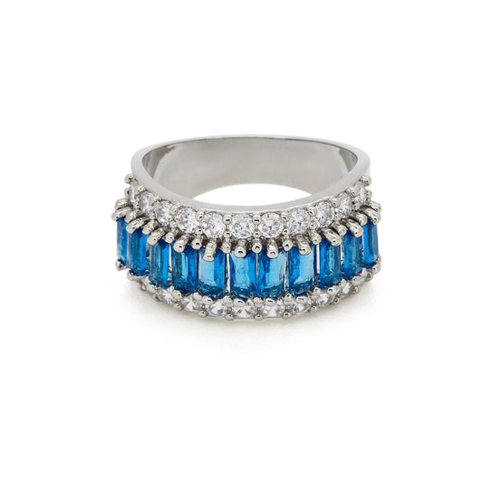 Warm Fortune Baguette Cut Blue CZ Eternity Ring for Women,18K Gold Plated Double Row Round Paved Stackable Promise Band Jewelry, Size 6-8