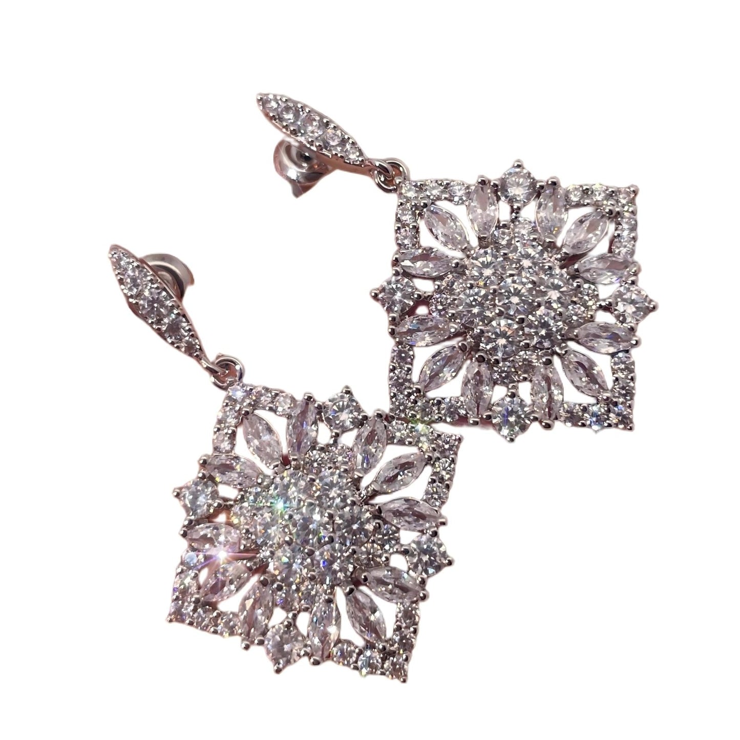 Warm Fortune 18K Gold Plated Square & Flower Shape Cubic Zirconia Drop Earrings for Women Hypoallergenic - Valentine's Day, Mother's Day, Birthday Gift for Her