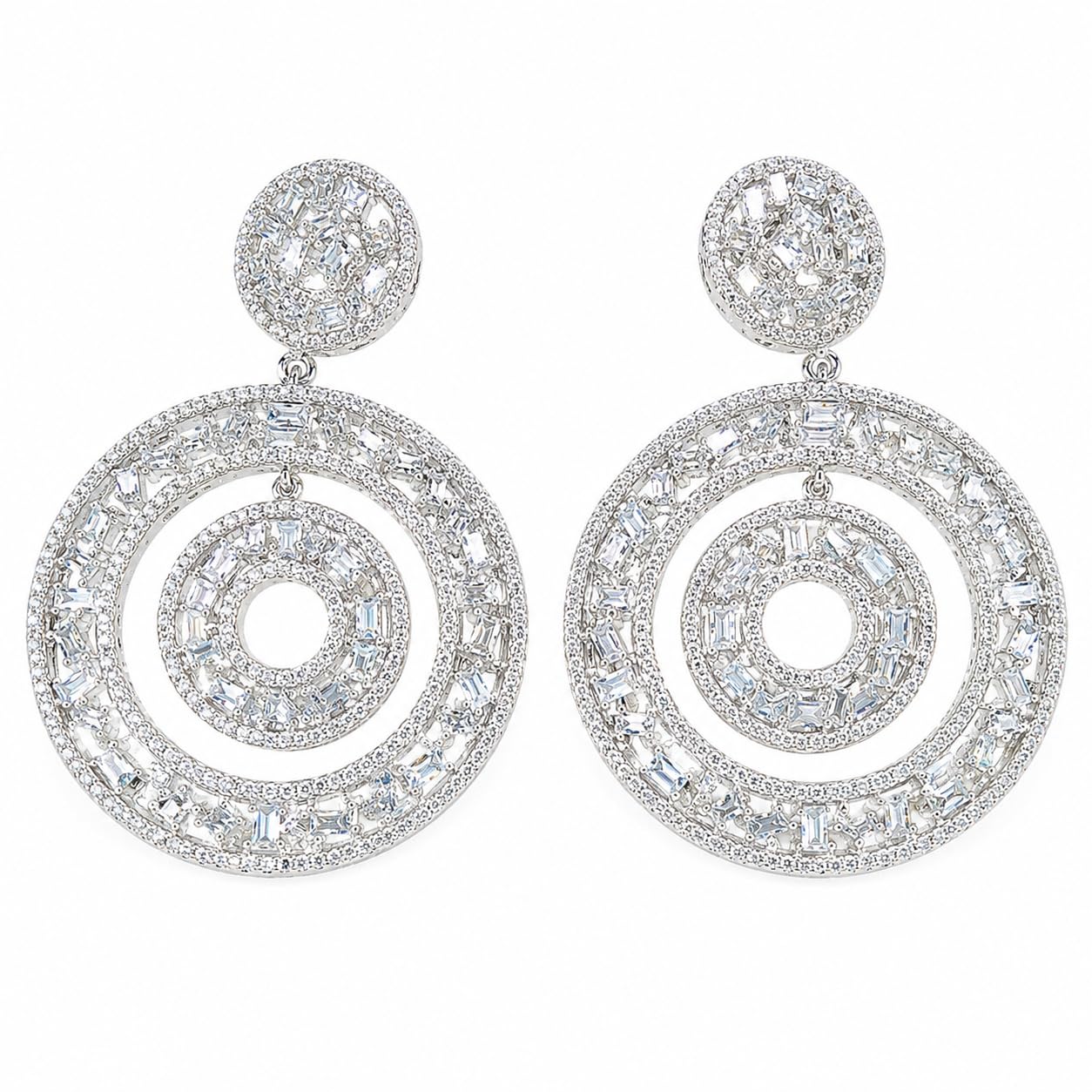 Warm Fortune 18K White Gold Plated CZ Concentric Circle Dangle Earrings