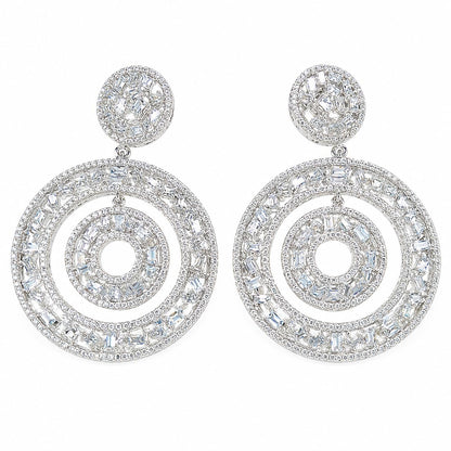 Warm Fortune 18K White Gold Plated CZ Concentric Circle Dangle Earrings