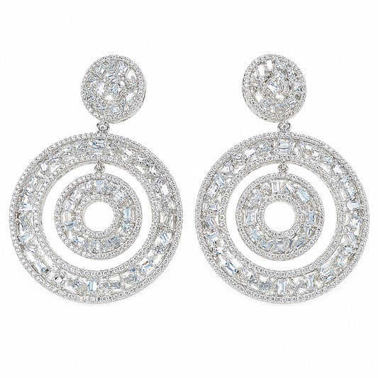 Warm Fortune 18K White Gold Plated CZ Concentric Circle Dangle Earrings