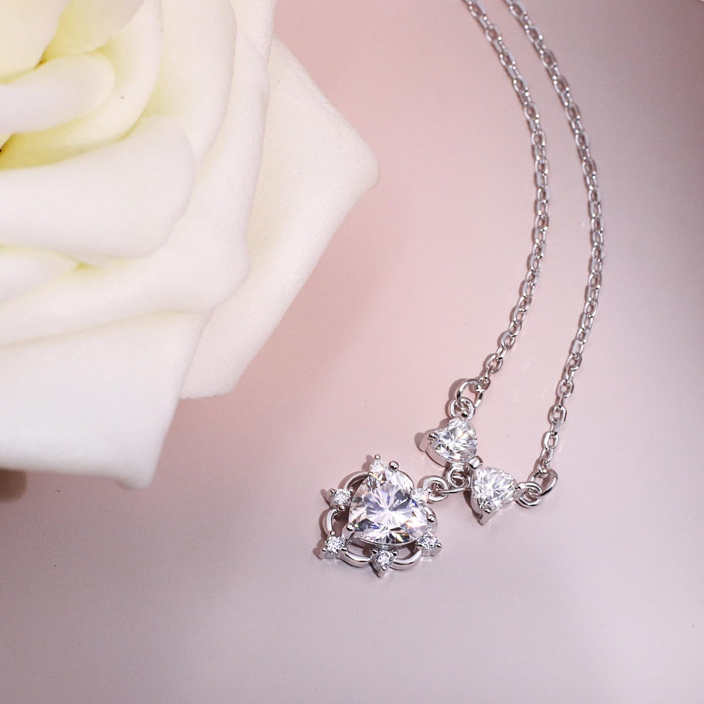 Warm Fortune Moissanite Pendant Necklace for Women, 0.5/1.0 ct DE VVS, 18K White Gold Plated Sterling Silver, 16 inch + 2inch Chain