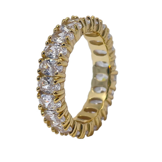 Warm Fortune 925 Sterling Silver Eternity Wedding Band for Women,18K Gold Plated Oval Cut All-Around Cubic Zirconia, Anniversary & Promise Ring, Stackable Band, Size 5-9