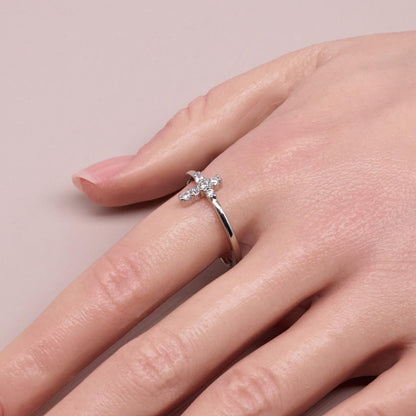 Warm Fortune Adjustable Open Band Cross Ring for Women, 18K Gold Plated CZ Stone Stackable Promise Religious Jewelry Gift