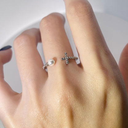 Warm Fortune Cross & Pearl Open Promise Ring for Her - 18K Gold Plated Cubic Zirconia, Stackable Gift Valentine's Day, Fashion & Daily Elegant Wear, Adjustable